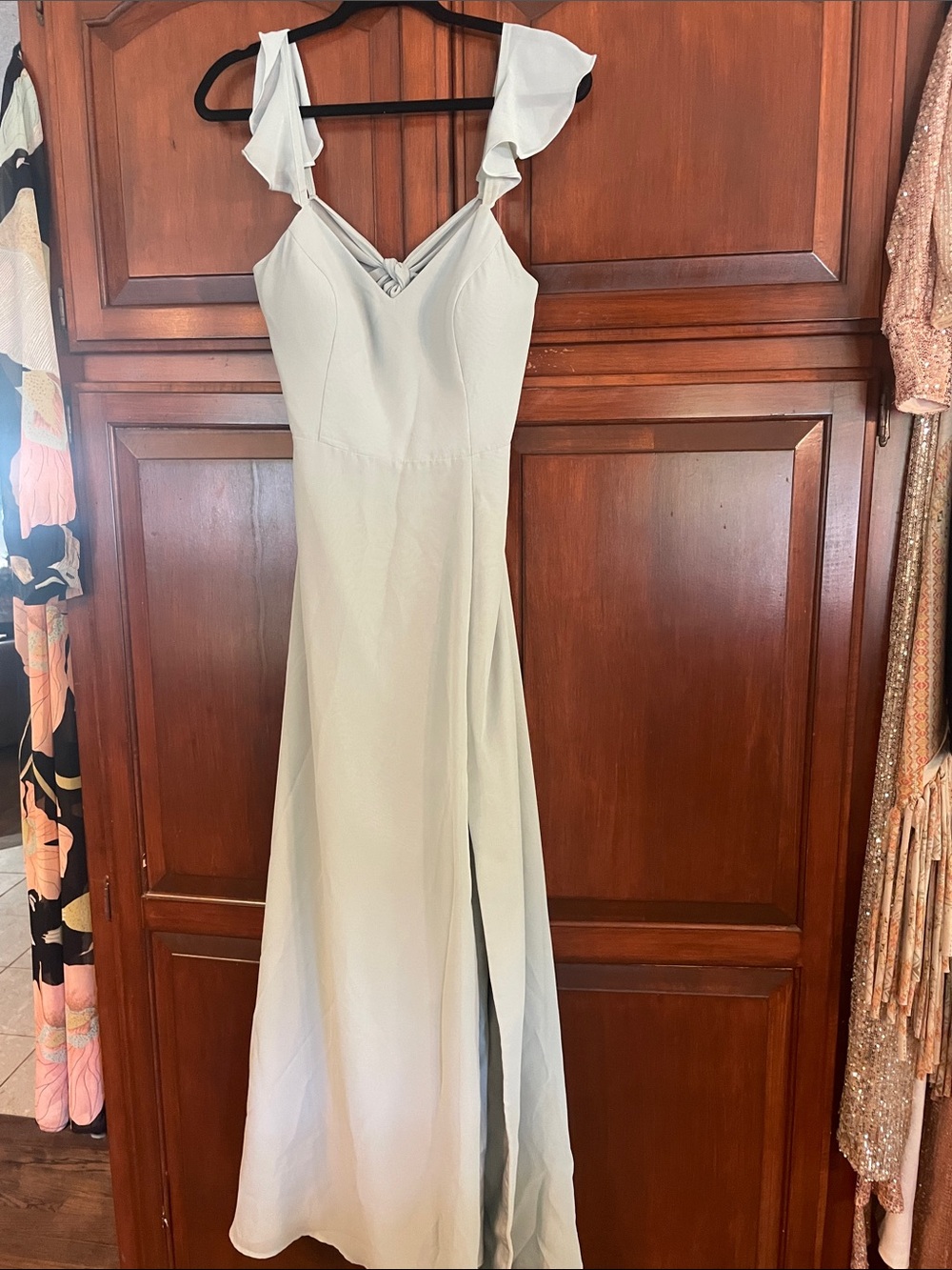 Azazie Light Sage Ruffle Strap Maxi Dress